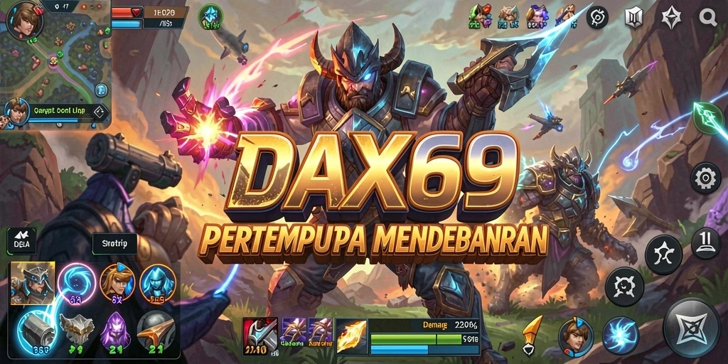 Tampilan gameplay DAX69 yang penuh aksi dan strategi dalam pertempuran MOBA.