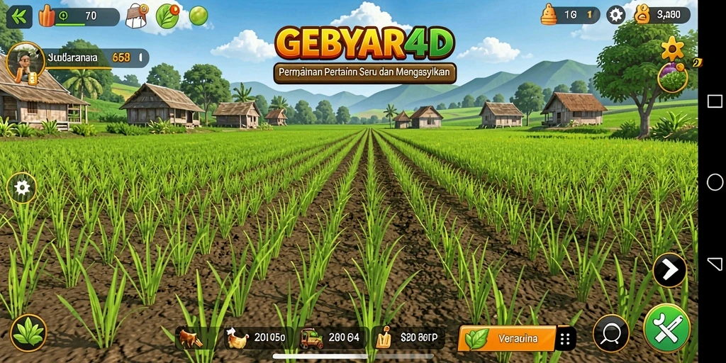 Tampilan gameplay GEBYAR4D dengan ladang dan hewan ternak.