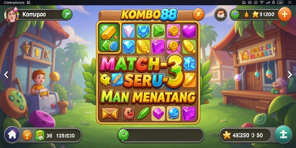 Screenshot gameplay KOMBO88 dengan elemen Match-3 yang penuh warna.