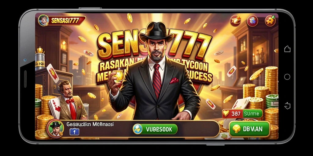 Tampilan gameplay <strong>SENSASI777</strong> yang menampilkan aktivitas membangun kerajaan bisnis.